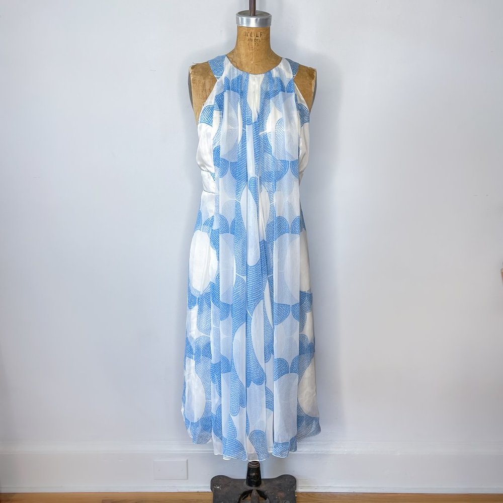 Douglas Hannant Chiffon Sleeveless Pleated Halter Dress in White Blue Size 8